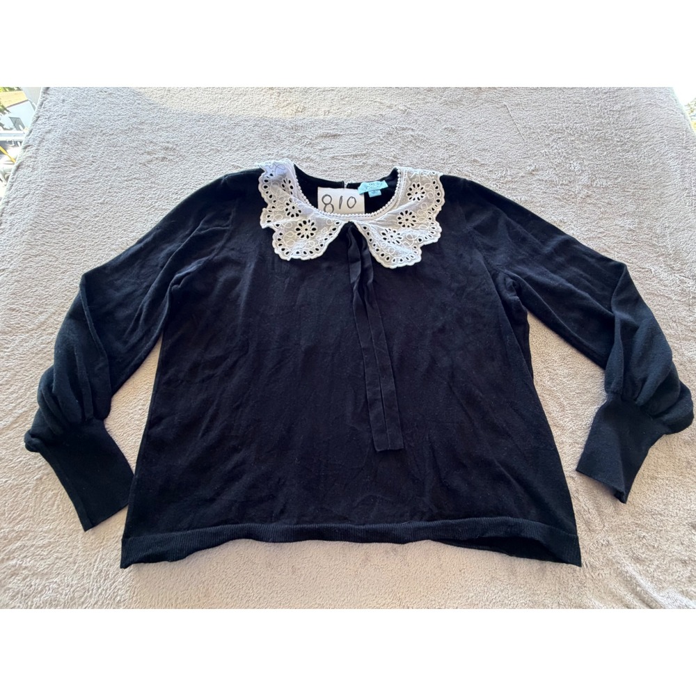 CeCe Sweater Womens XL Black Eyelet Lace Peter Pan Collar Puff Sleeve